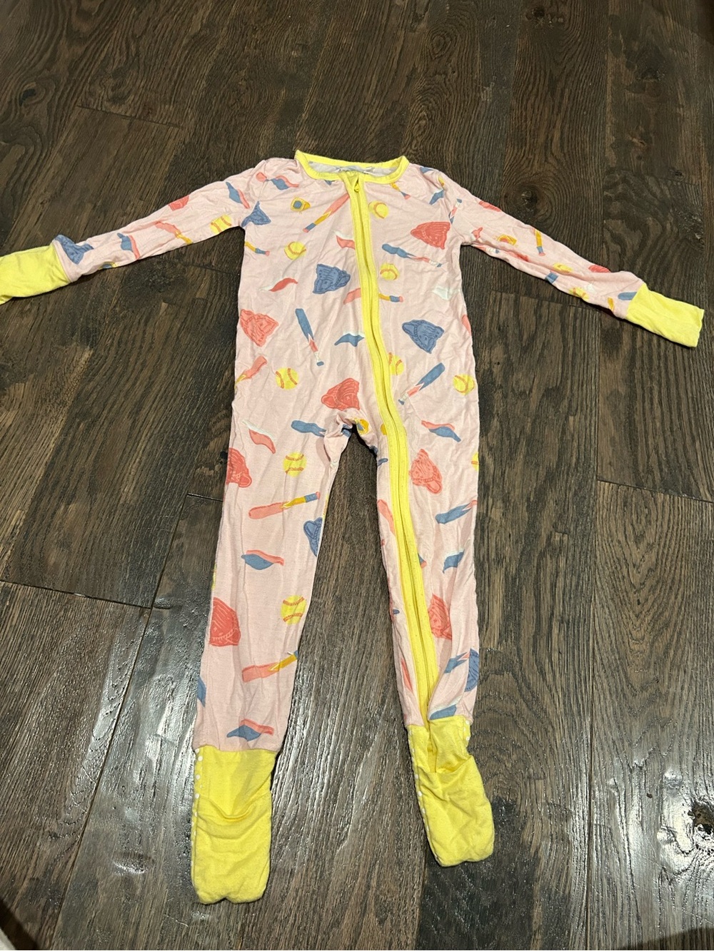 Angel Dear Pink Footed Pajamas with Yellow Trim and Sports Pattern 18-24 mos